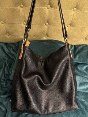 Valentina Black Pebbled Leather Shoulder Bag with Tan Accents